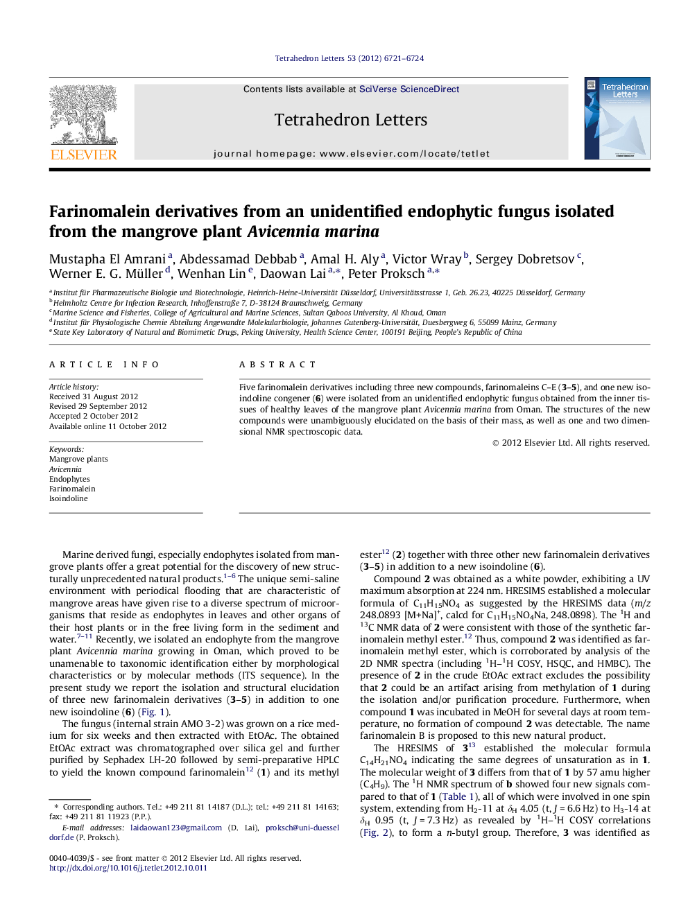 Farinomalein derivatives from an unidentified endophytic fungus isolated from the mangrove plant Avicennia marina