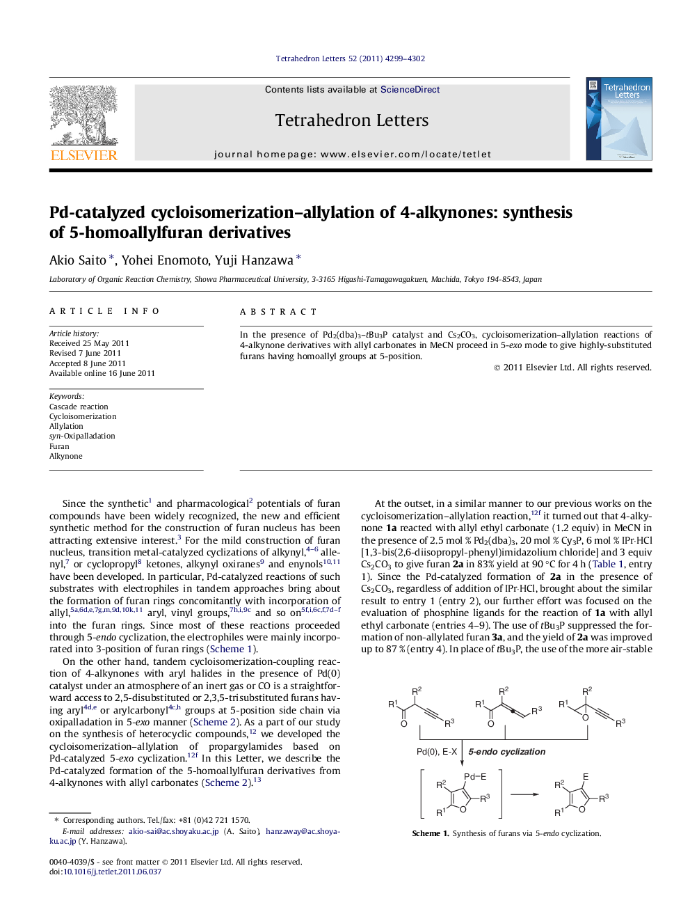 Pd-catalyzed cycloisomerization-allylation of 4-alkynones: synthesis of 5-homoallylfuran derivatives