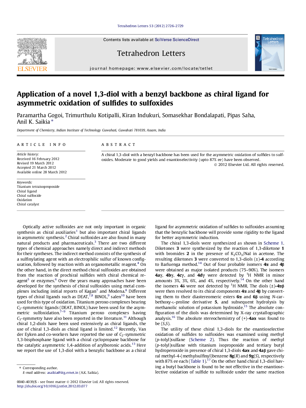 Application of a novel 1,3-diol with a benzyl backbone as chiral ligand for asymmetric oxidation of sulfides to sulfoxides