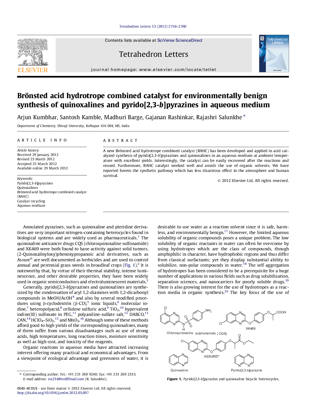 Brönsted acid hydrotrope combined catalyst for environmentally benign synthesis of quinoxalines and pyrido[2,3-b]pyrazines in aqueous medium