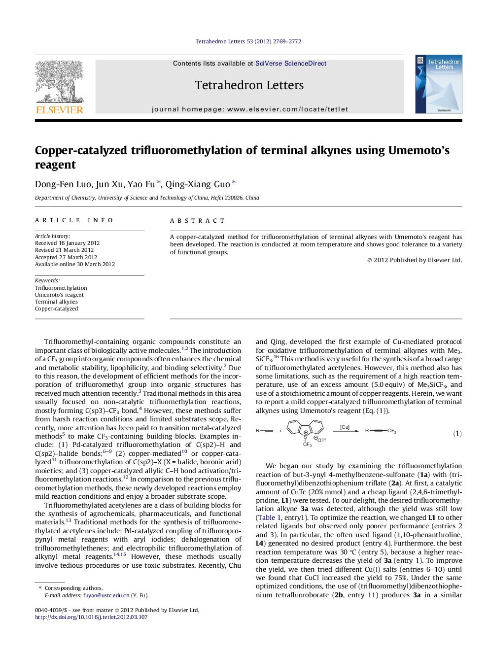 Copper-catalyzed trifluoromethylation of terminal alkynes using Umemoto's reagent