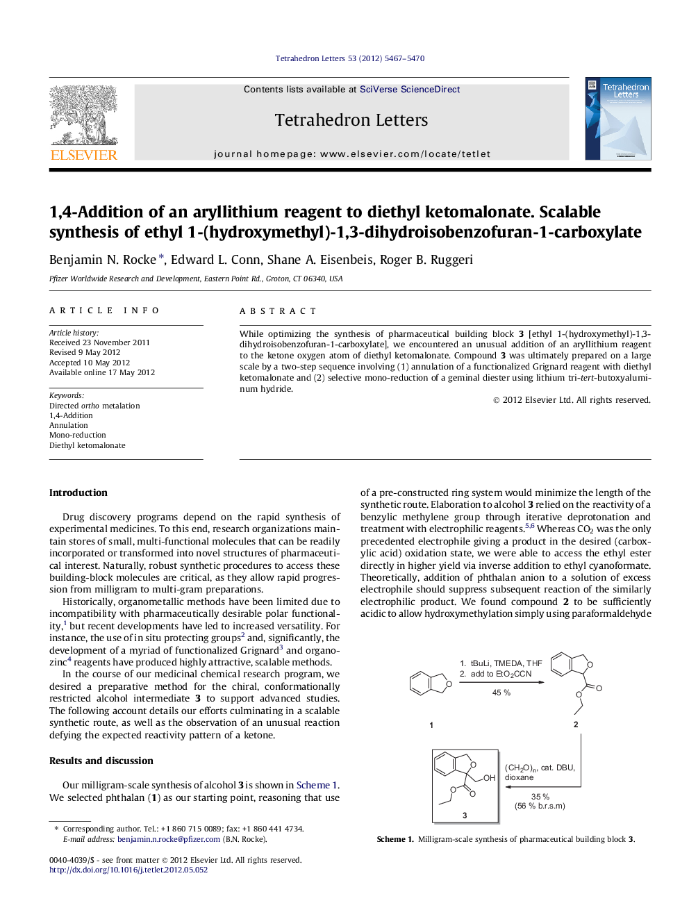 1,4-Addition of an aryllithium reagent to diethyl ketomalonate. Scalable synthesis of ethyl 1-(hydroxymethyl)-1,3-dihydroisobenzofuran-1-carboxylate