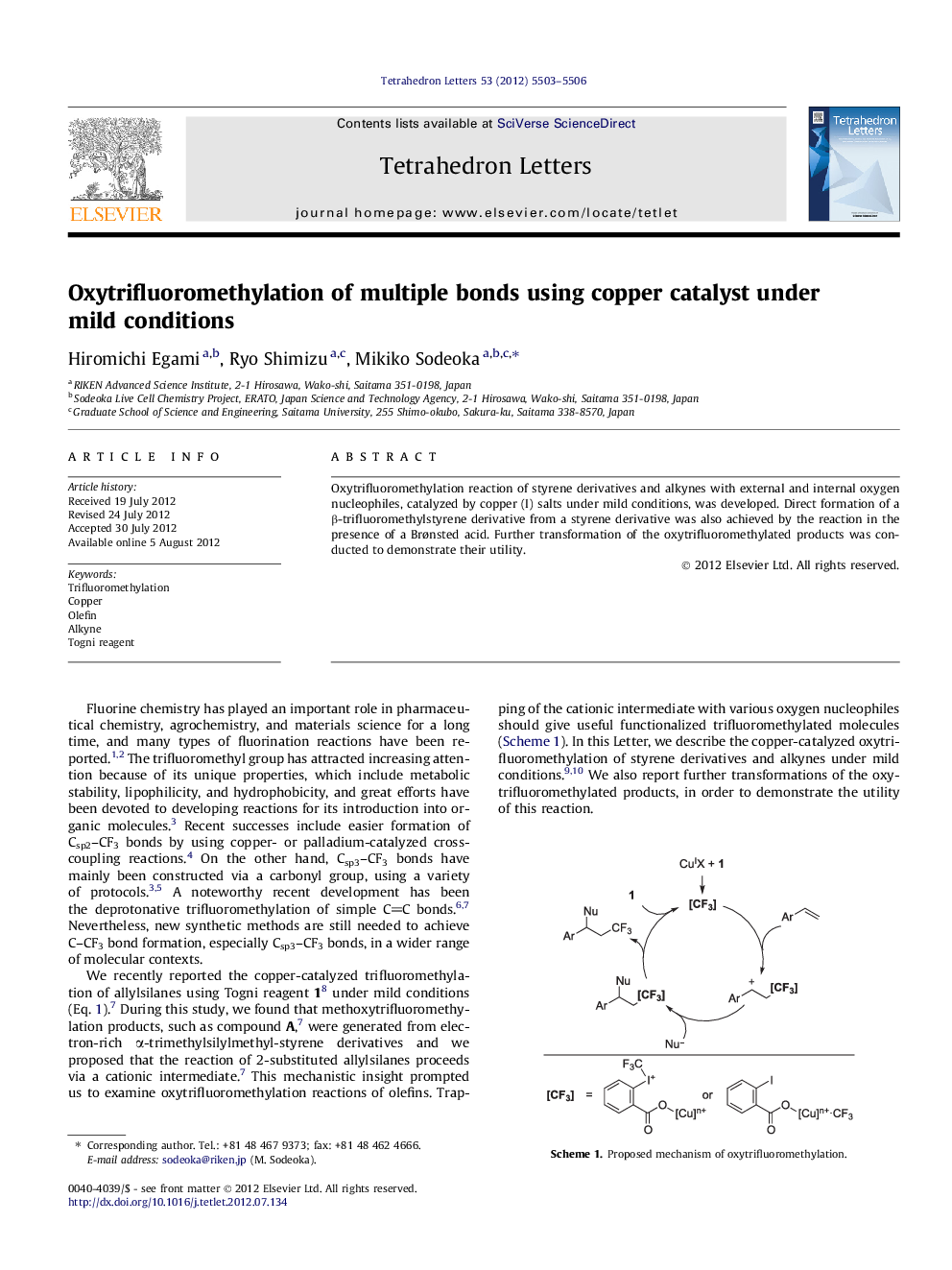Oxytrifluoromethylation of multiple bonds using copper catalyst under mild conditions