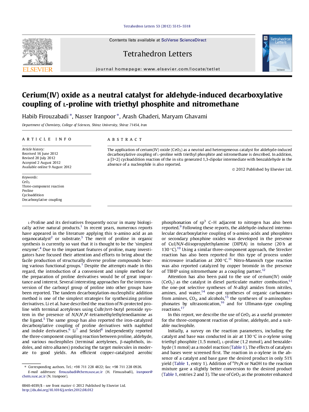 Cerium(IV) oxide as a neutral catalyst for aldehyde-induced decarboxylative coupling of l-proline with triethyl phosphite and nitromethane