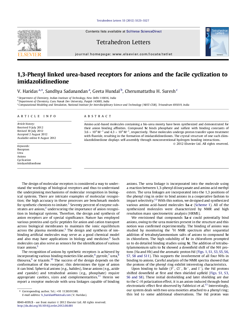 1,3-Phenyl linked urea-based receptors for anions and the facile cyclization to imidazolidinedione