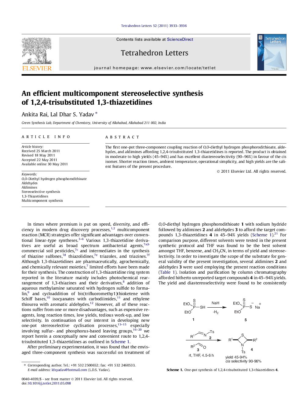 An efficient multicomponent stereoselective synthesis of 1,2,4-trisubstituted 1,3-thiazetidines