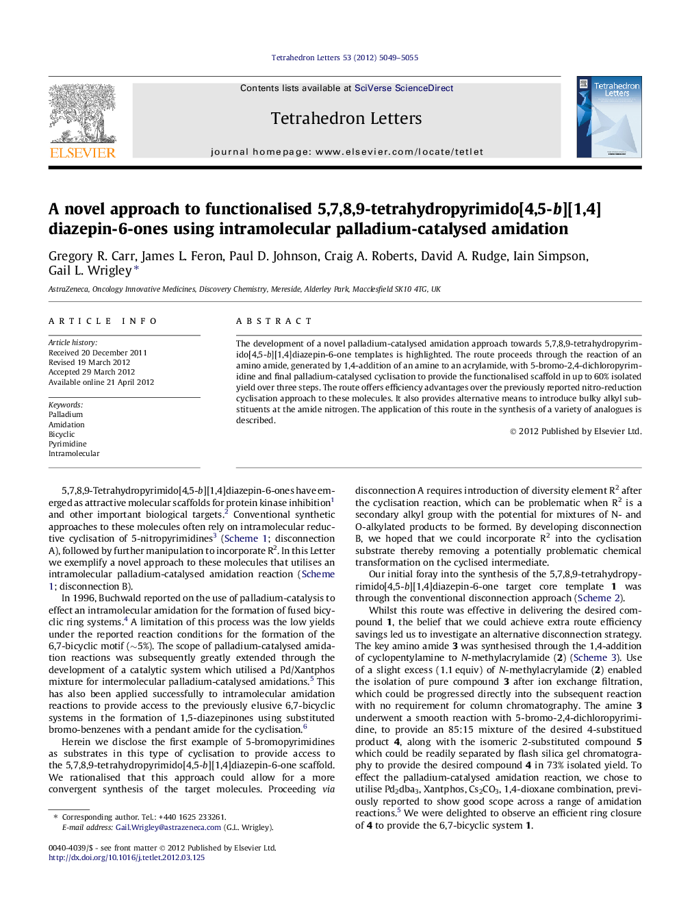 A novel approach to functionalised 5,7,8,9-tetrahydropyrimido[4,5-b][1,4]diazepin-6-ones using intramolecular palladium-catalysed amidation