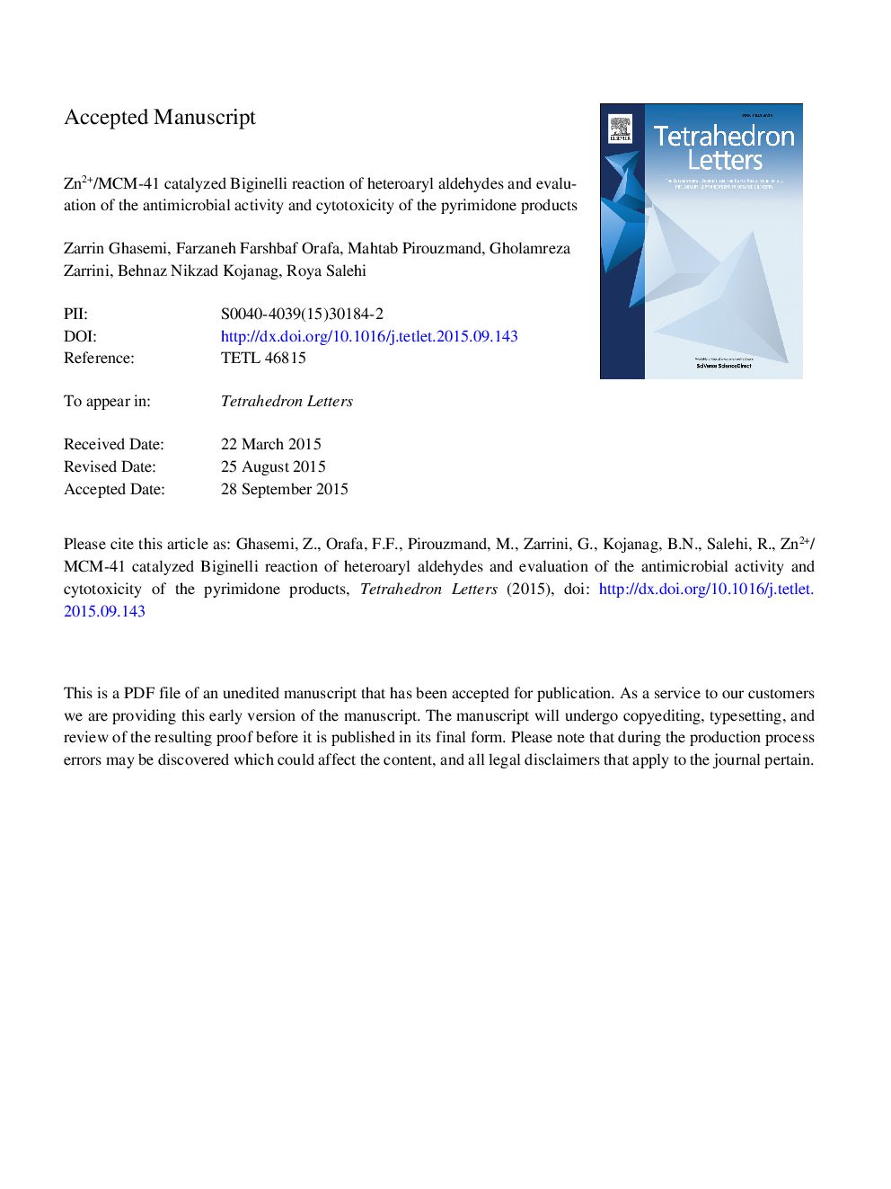 Zn2+/MCM-41 catalyzed Biginelli reaction of heteroaryl aldehydes and evaluation of the antimicrobial activity and cytotoxicity of the pyrimidone products