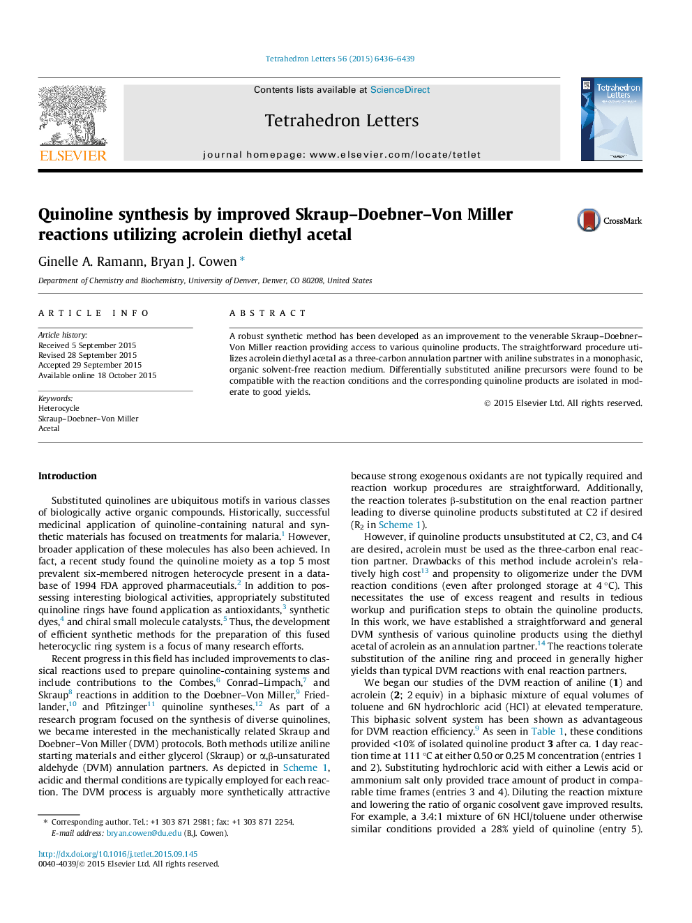 Quinoline synthesis by improved Skraup-Doebner-Von Miller reactions utilizing acrolein diethyl acetal