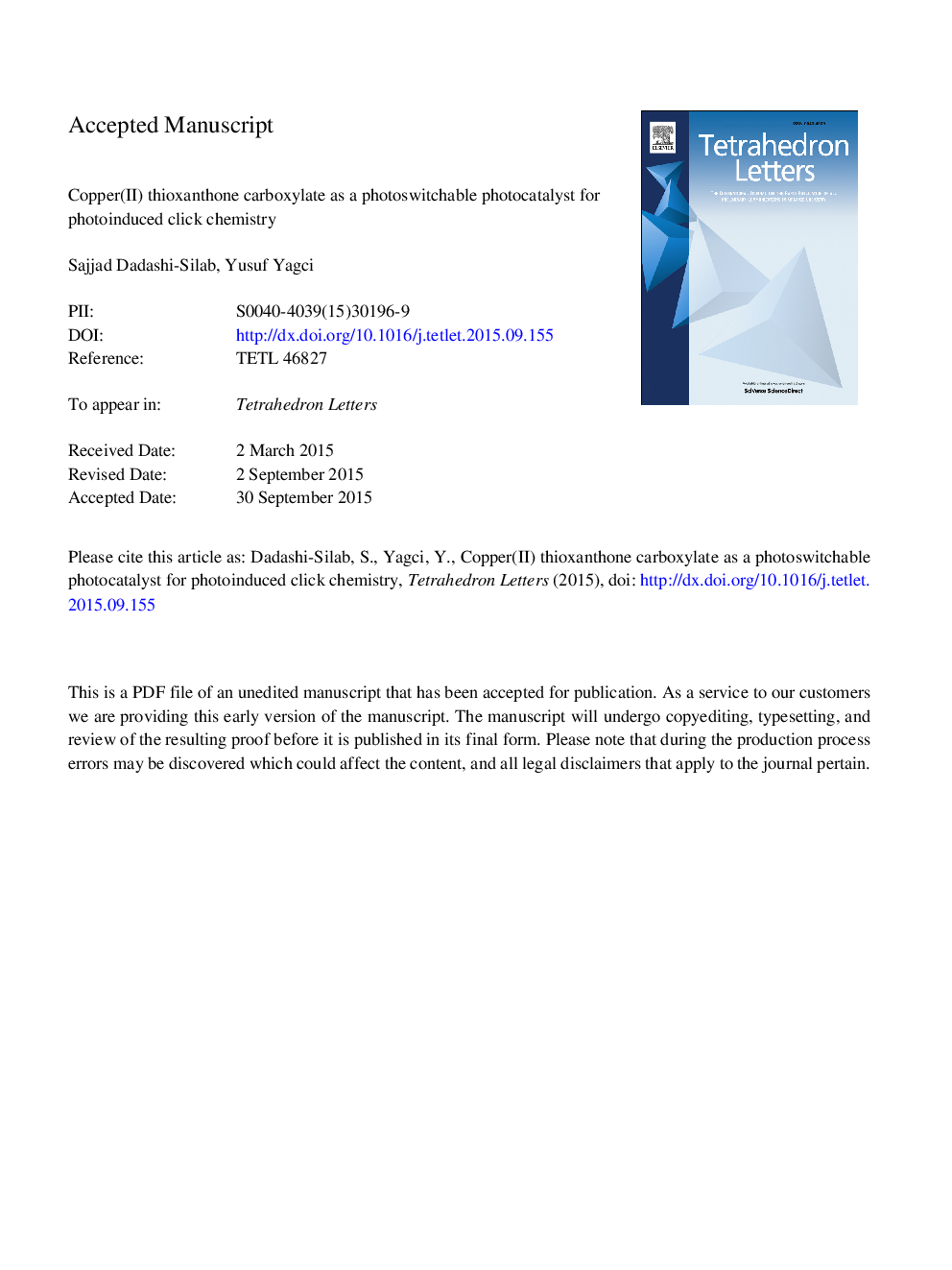 Copper(II) thioxanthone carboxylate as a photoswitchable photocatalyst for photoinduced click chemistry