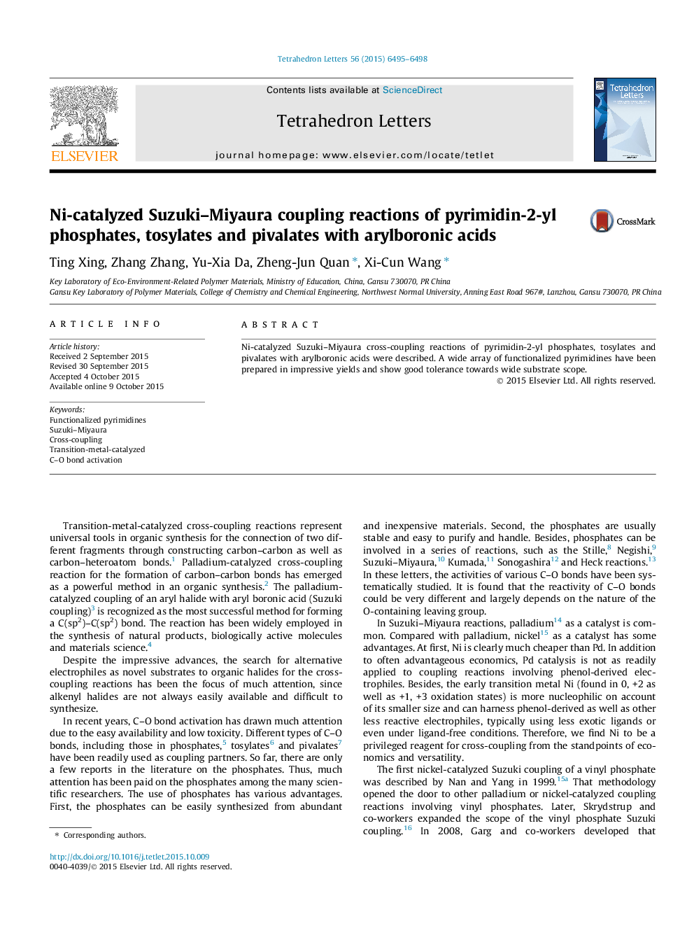 Ni-catalyzed Suzuki-Miyaura coupling reactions of pyrimidin-2-yl phosphates, tosylates and pivalates with arylboronic acids