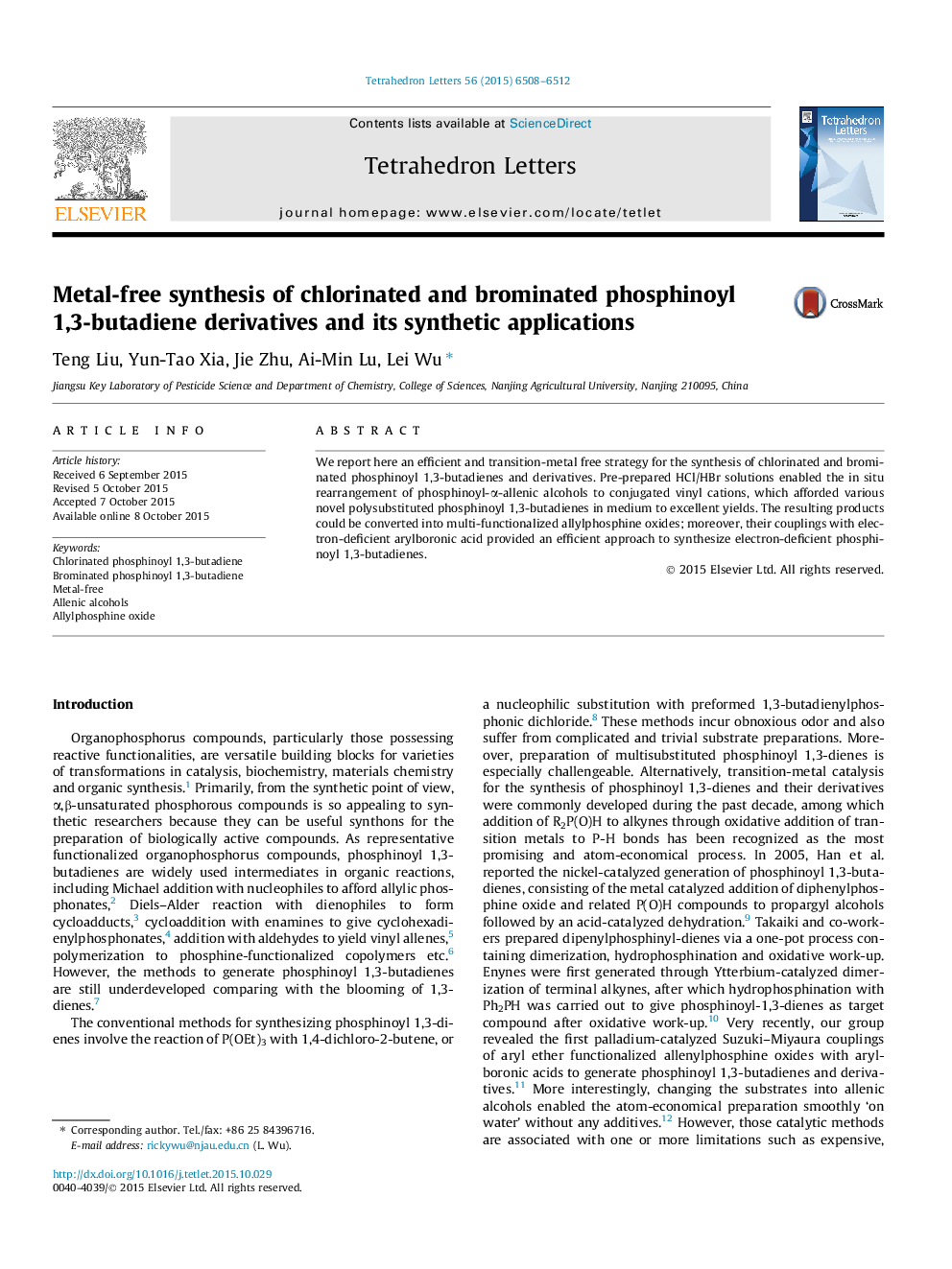 Metal-free synthesis of chlorinated and brominated phosphinoyl 1,3-butadiene derivatives and its synthetic applications