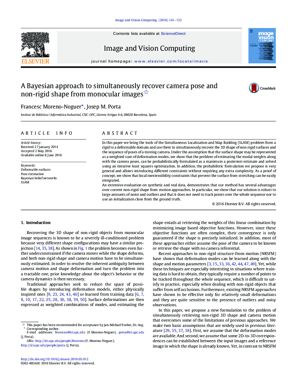 A Bayesian approach to simultaneously recover camera pose and non-rigid shape from monocular images *