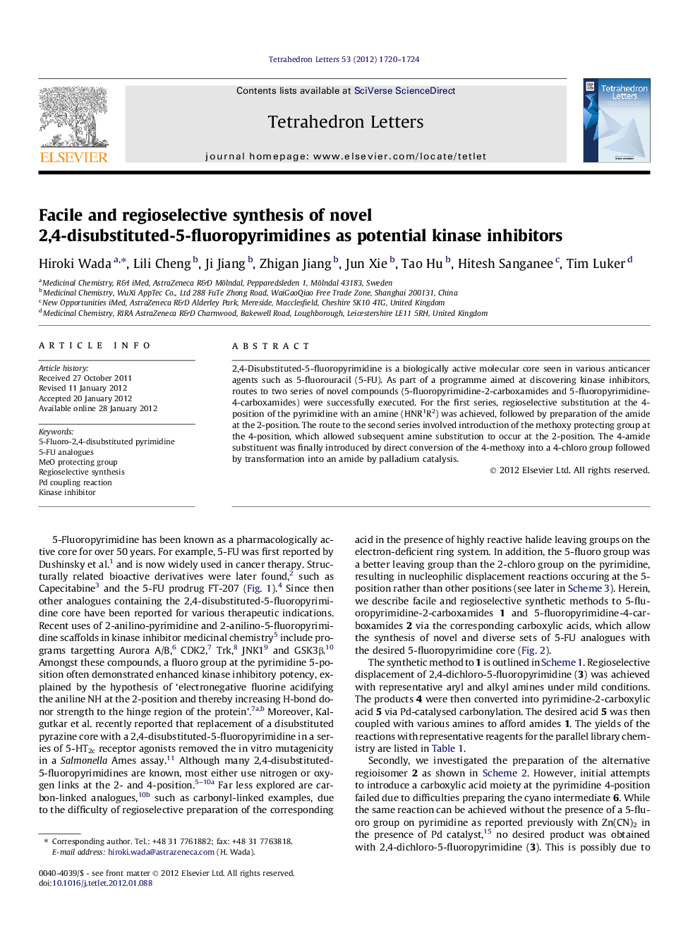 Facile and regioselective synthesis of novel 2,4-disubstituted-5-fluoropyrimidines as potential kinase inhibitors