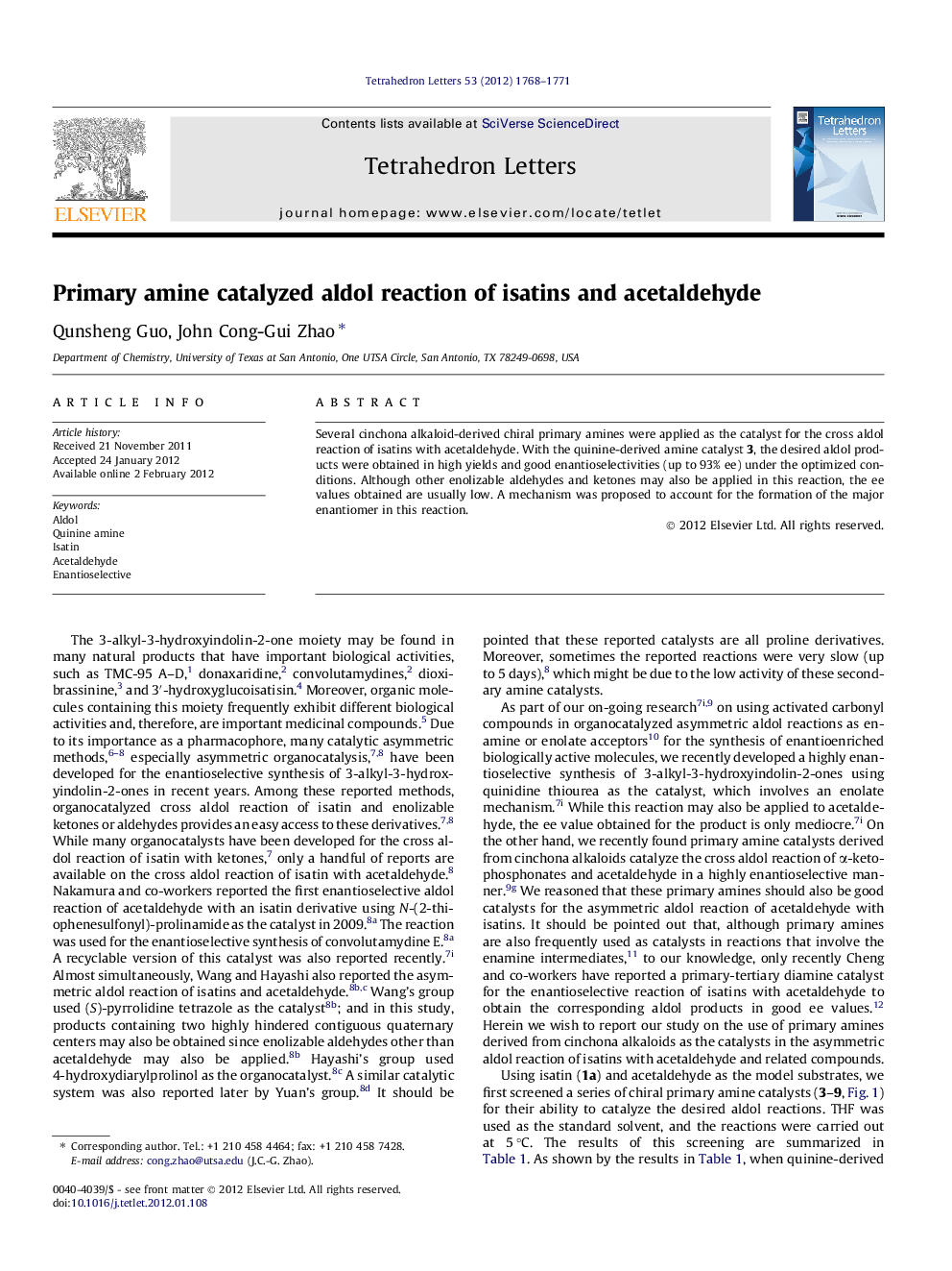 Primary amine catalyzed aldol reaction of isatins and acetaldehyde