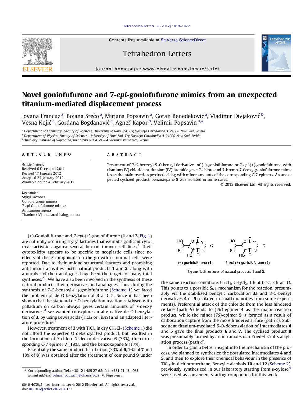 Novel goniofufurone and 7-epi-goniofufurone mimics from an unexpected titanium-mediated displacement process