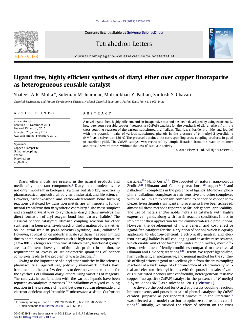 Ligand free, highly efficient synthesis of diaryl ether over copper fluorapatite as heterogeneous reusable catalyst