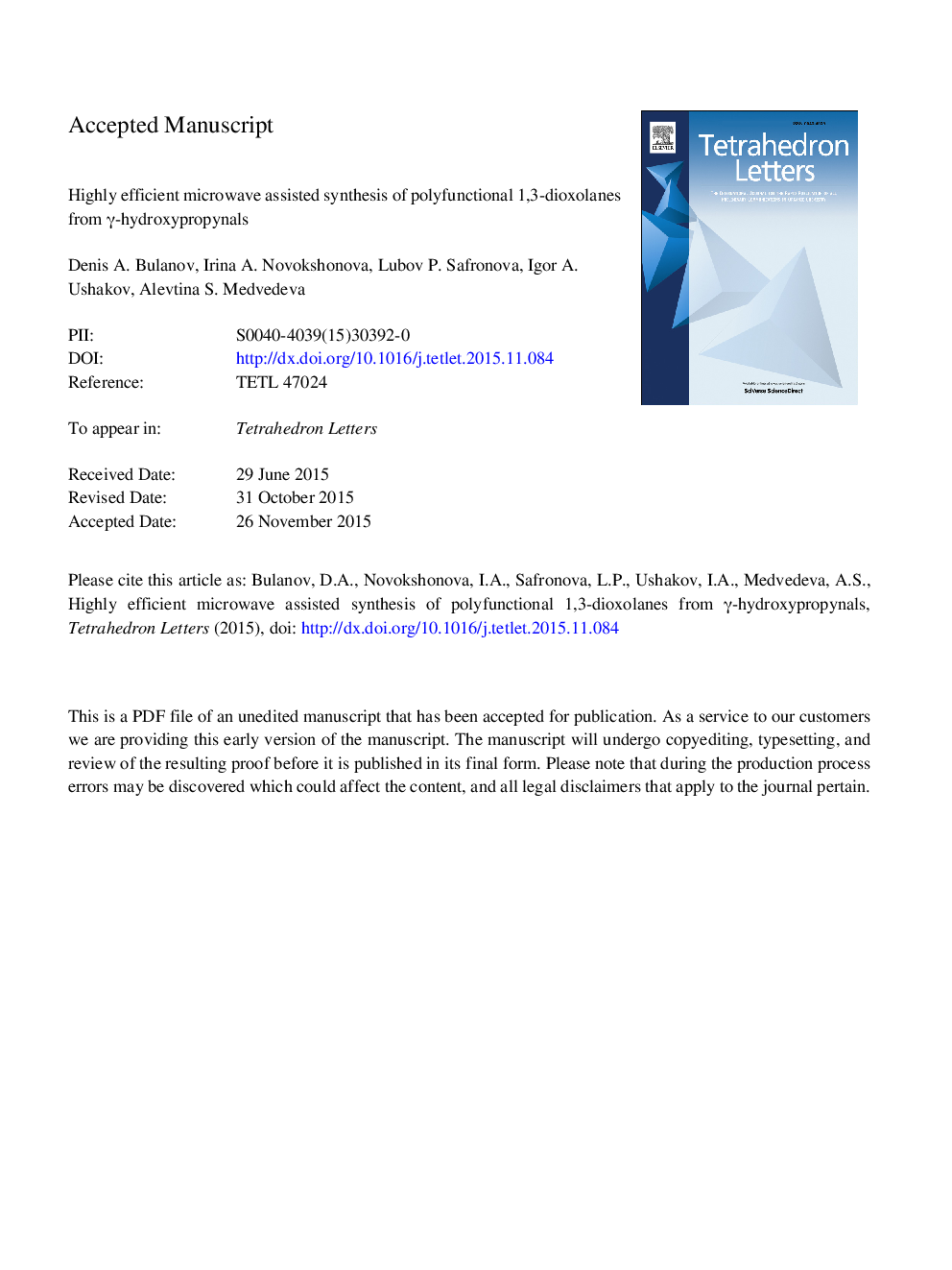 Highly efficient microwave assisted synthesis of polyfunctional 1,3-dioxolanes from Î³-hydroxypropynals