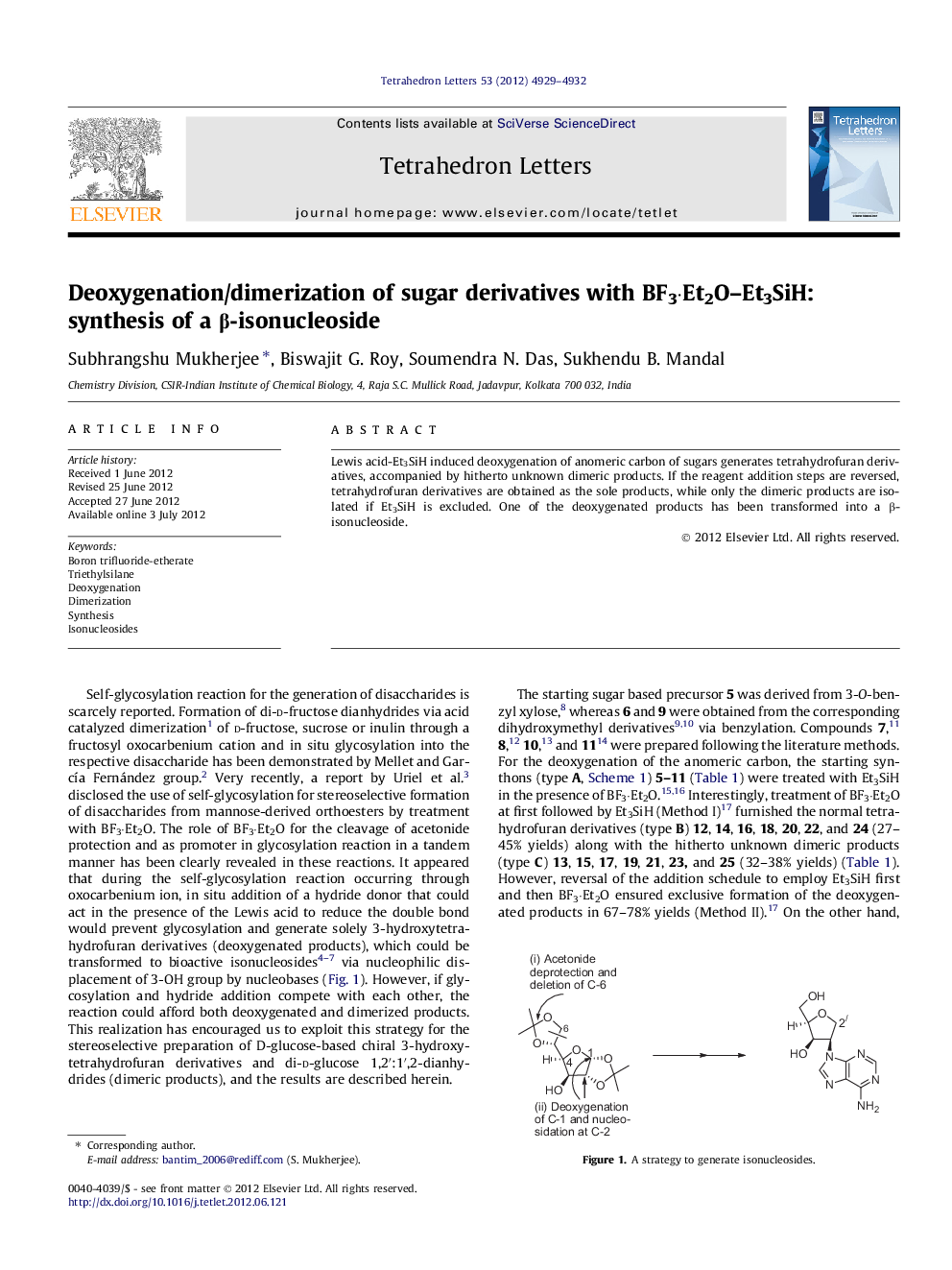 Deoxygenation/dimerization of sugar derivatives with BF3Â·Et2O-Et3SiH: synthesis of a Î²-isonucleoside