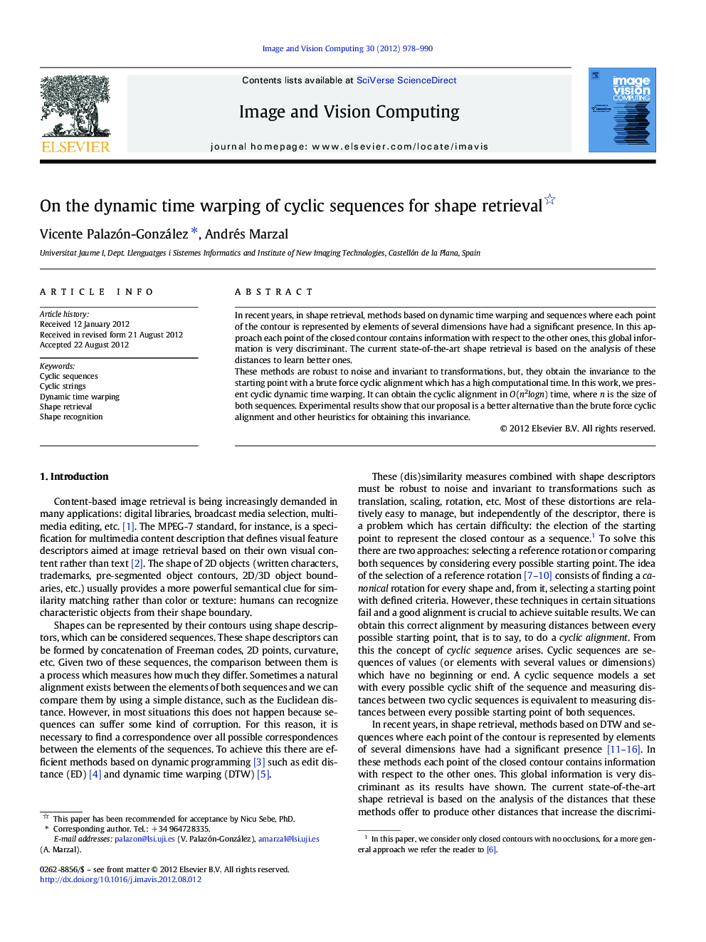 عکس صفحه اول مقاله: On the dynamic time warping of cyclic sequences for shape retrieval On the dynamic time warping of cyclic sequences for shape retrieval