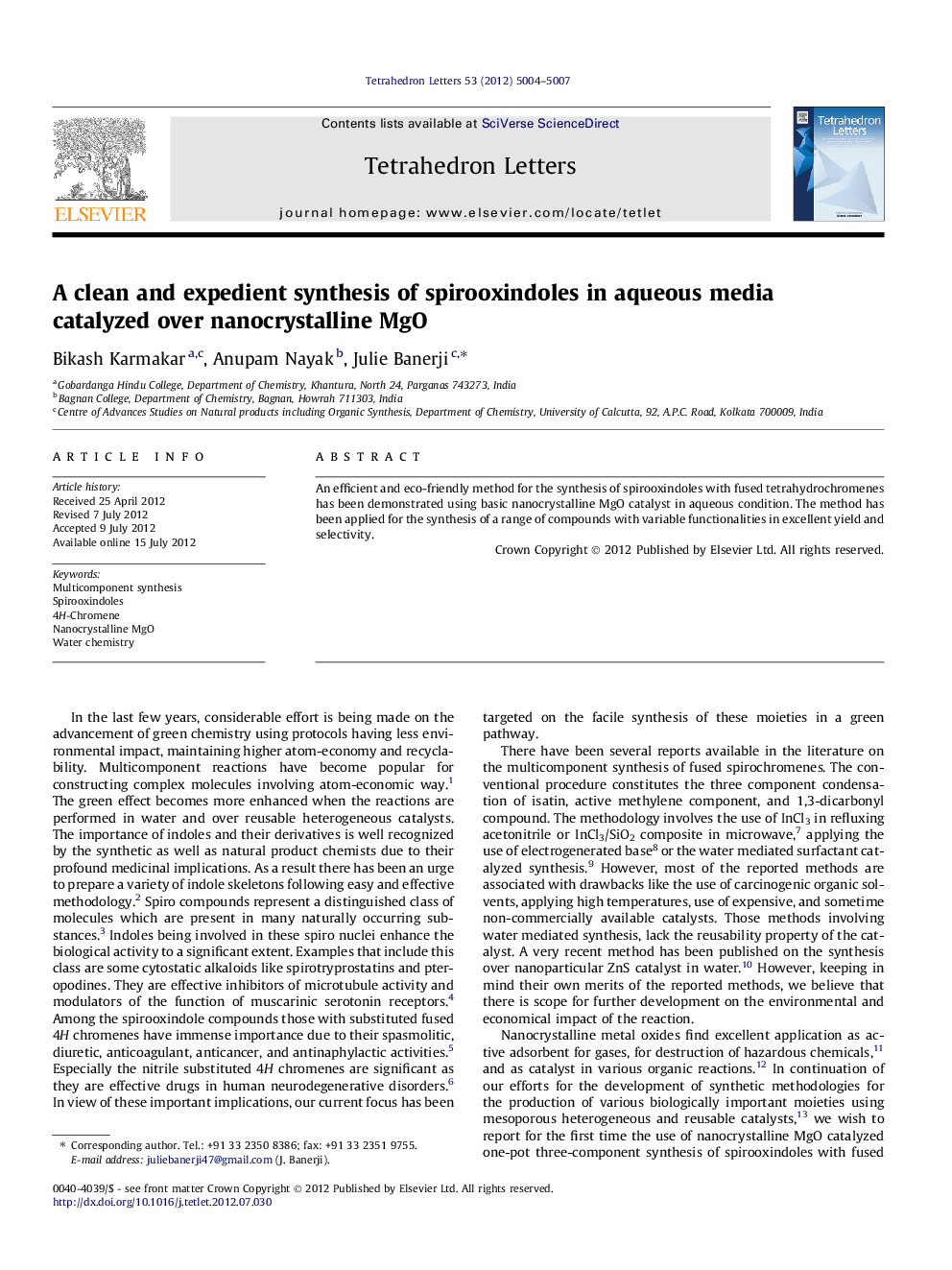 A clean and expedient synthesis of spirooxindoles in aqueous media catalyzed over nanocrystalline MgO