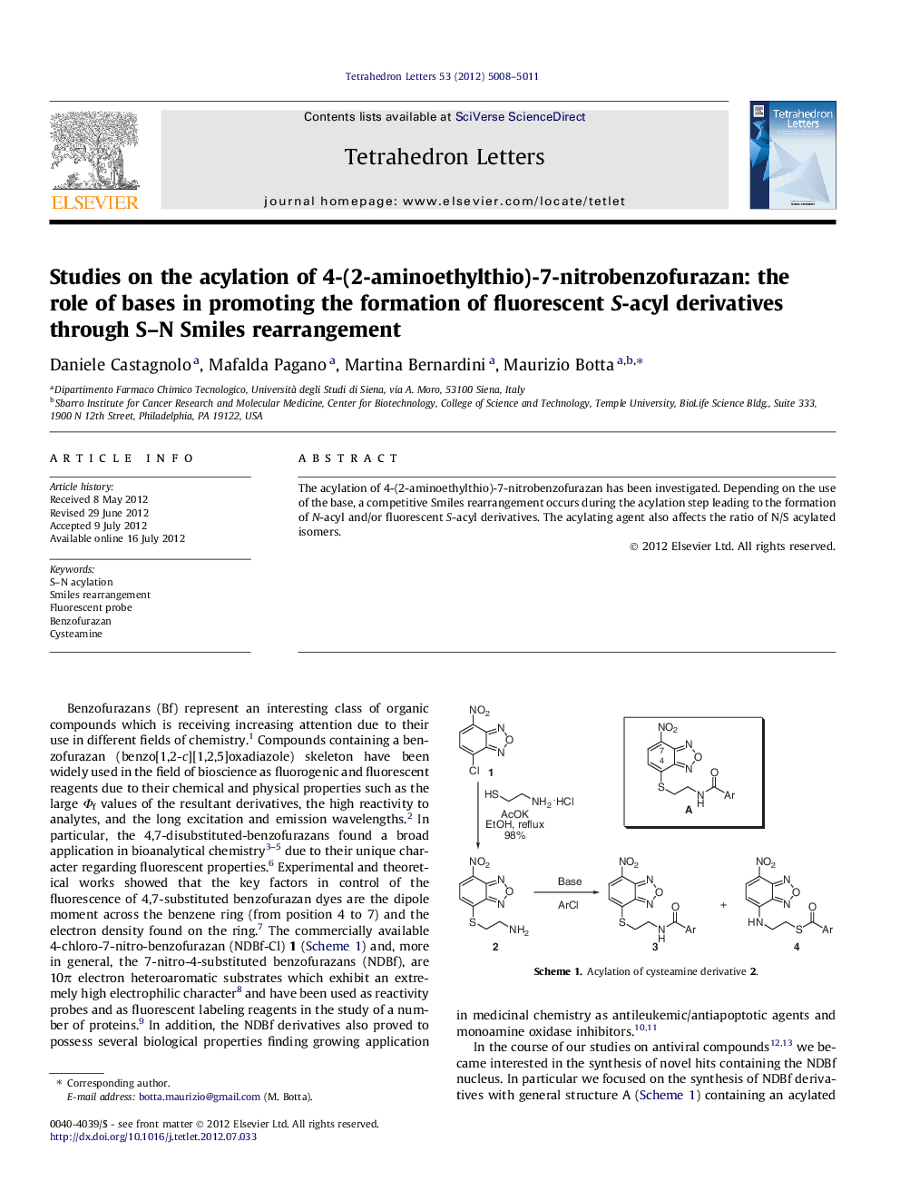 Studies on the acylation of 4-(2-aminoethylthio)-7-nitrobenzofurazan: the role of bases in promoting the formation of fluorescent S-acyl derivatives through S-N Smiles rearrangement