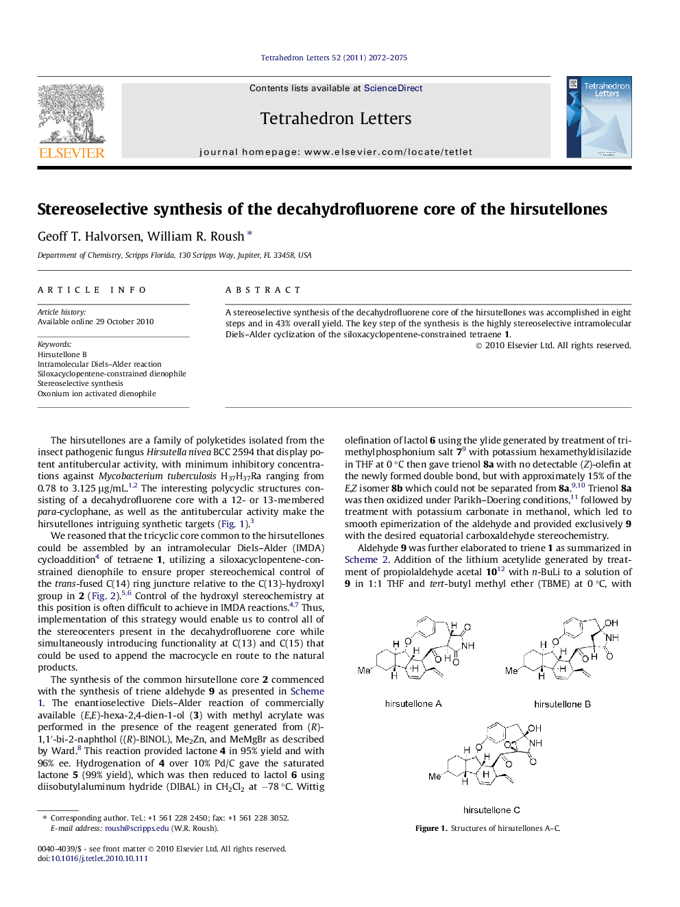 Stereoselective synthesis of the decahydrofluorene core of the hirsutellones