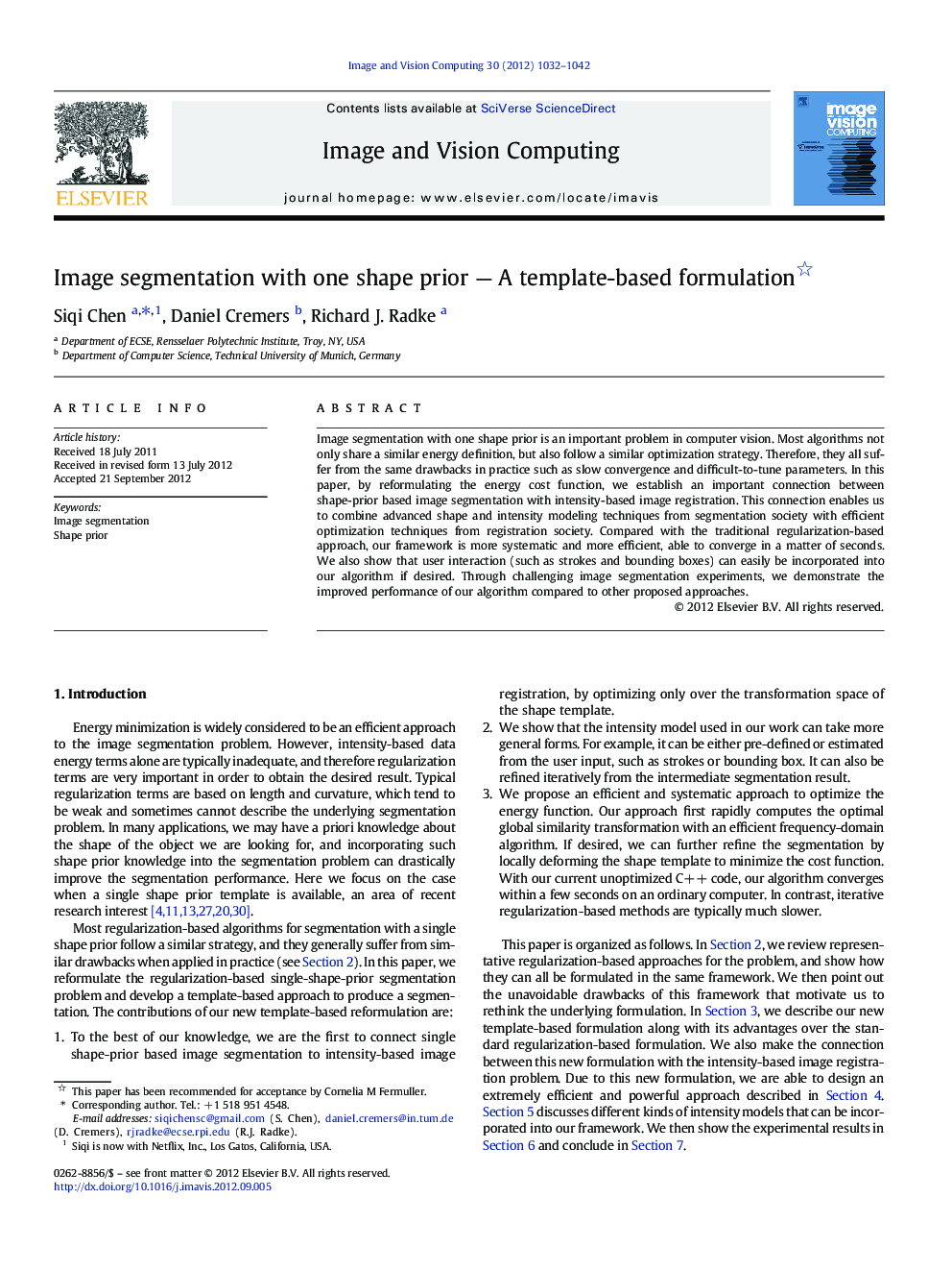 Image segmentation with one shape prior — A template-based formulation 