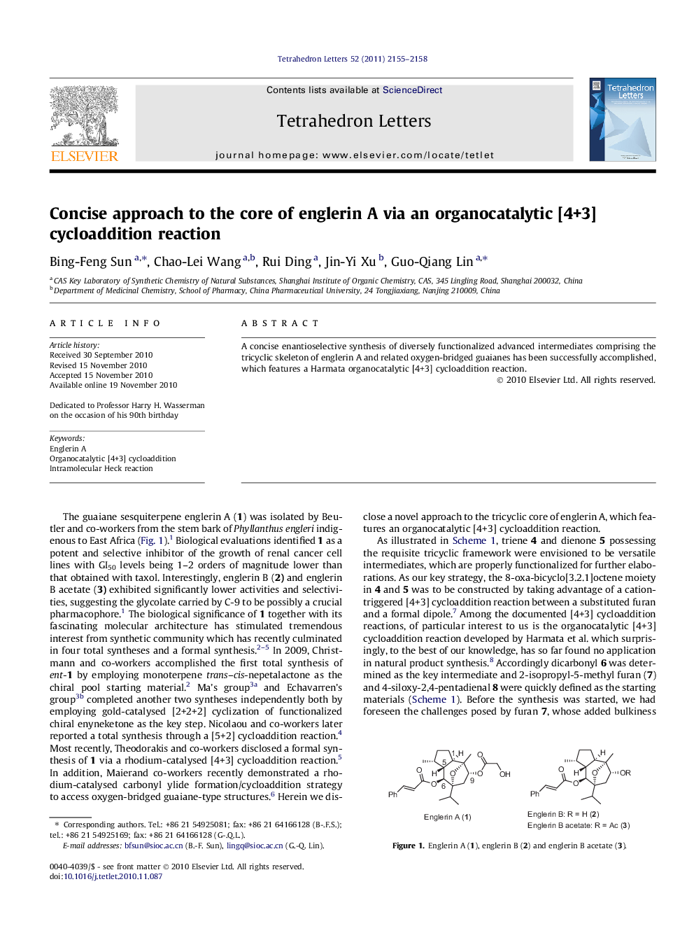 Concise approach to the core of englerin A via an organocatalytic [4+3] cycloaddition reaction