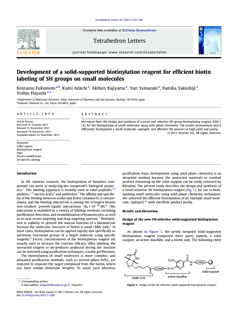 Development of a solid-supported biotinylation reagent for efficient biotin labeling of SH groups on small molecules