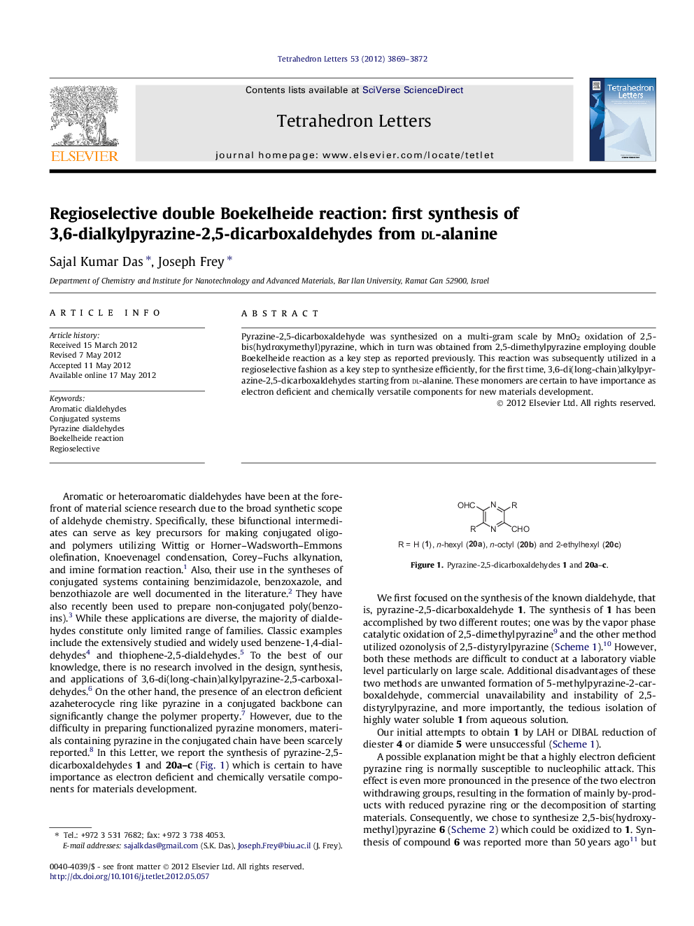 Regioselective double Boekelheide reaction: first synthesis of 3,6-dialkylpyrazine-2,5-dicarboxaldehydes from dl-alanine