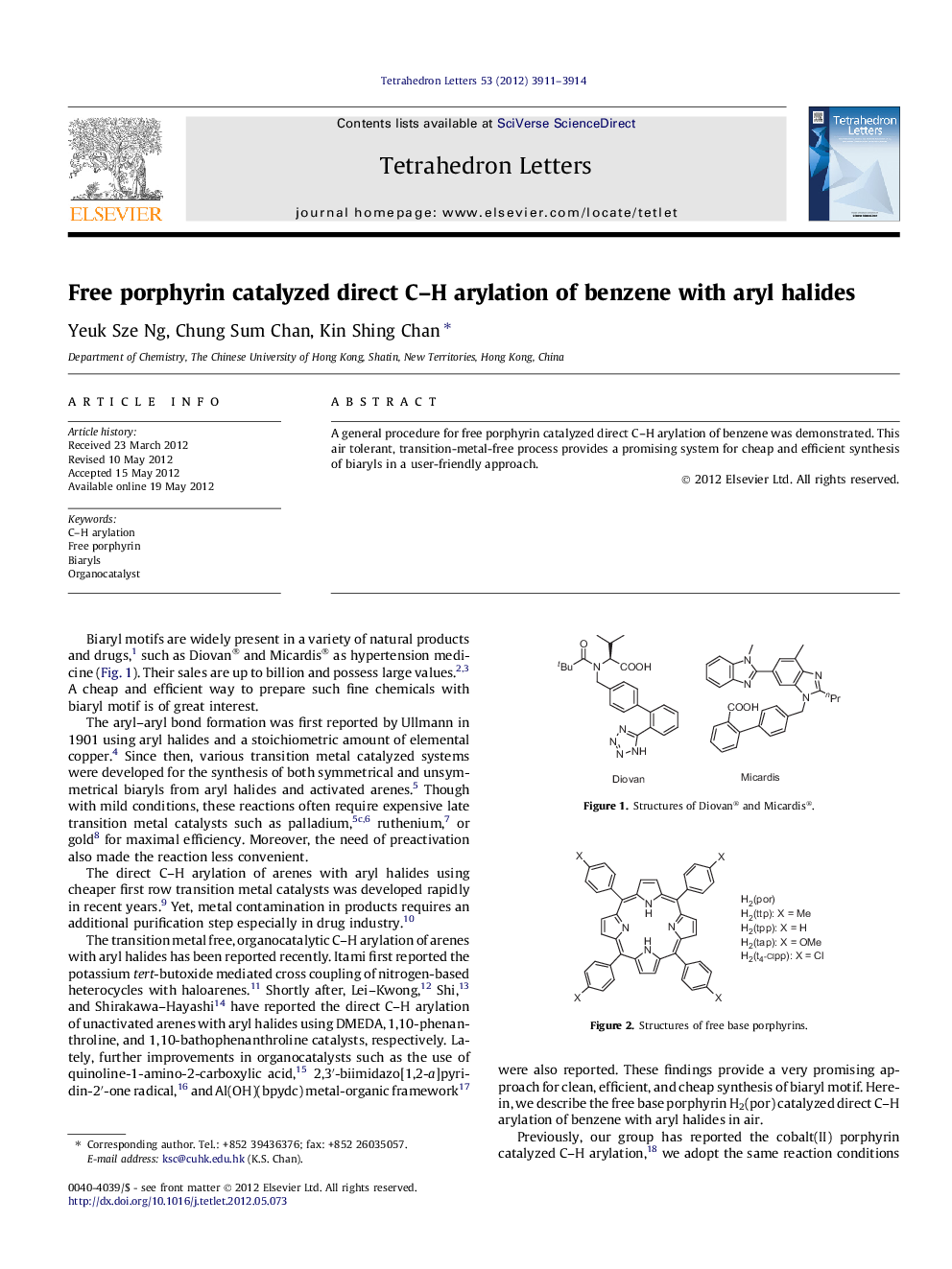 Free porphyrin catalyzed direct C-H arylation of benzene with aryl halides