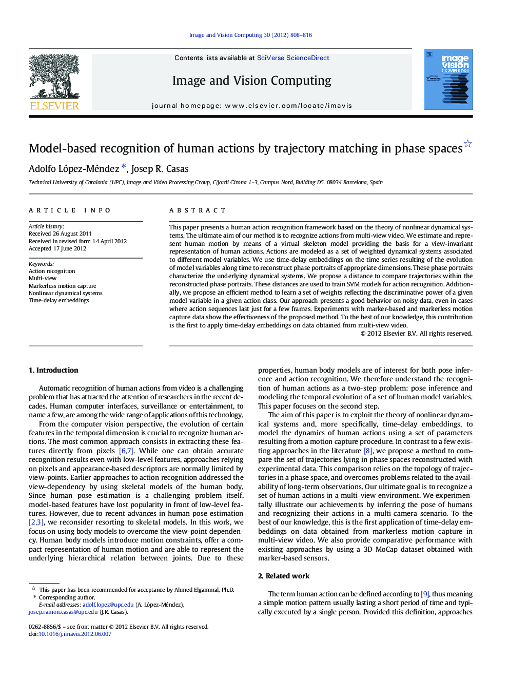 Model-based recognition of human actions by trajectory matching in phase spaces 