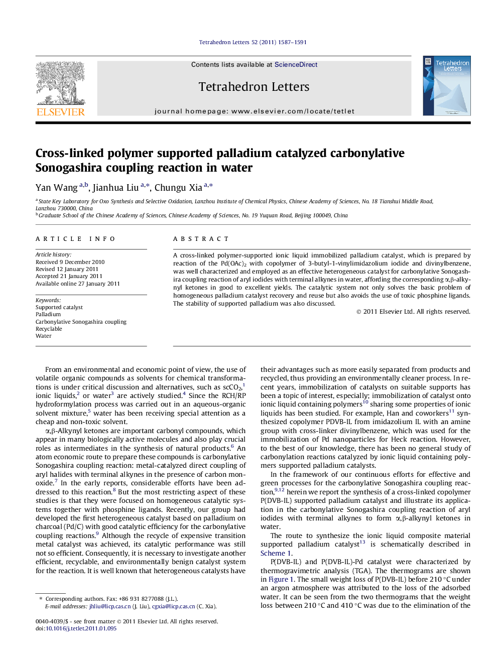 Cross-linked polymer supported palladium catalyzed carbonylative Sonogashira coupling reaction in water