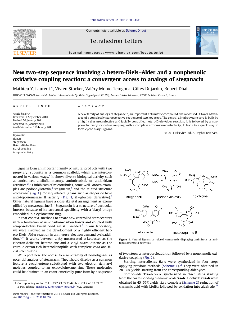 New two-step sequence involving a hetero-Diels-Alder and a nonphenolic oxidative coupling reaction: a convergent access to analogs of steganacin