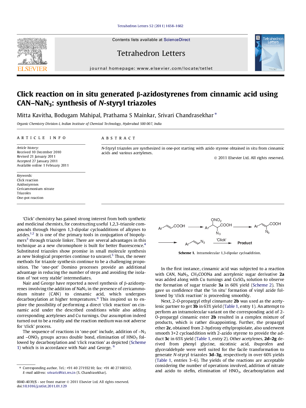 Click reaction on in situ generated Î²-azidostyrenes from cinnamic acid using CAN-NaN3: synthesis of N-styryl triazoles