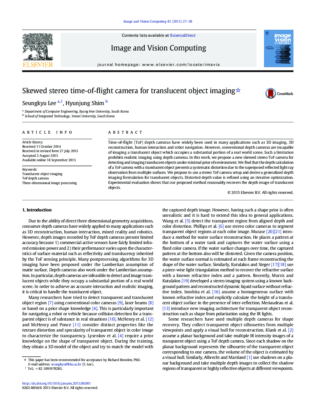 Skewed stereo time-of-flight camera for translucent object imaging 