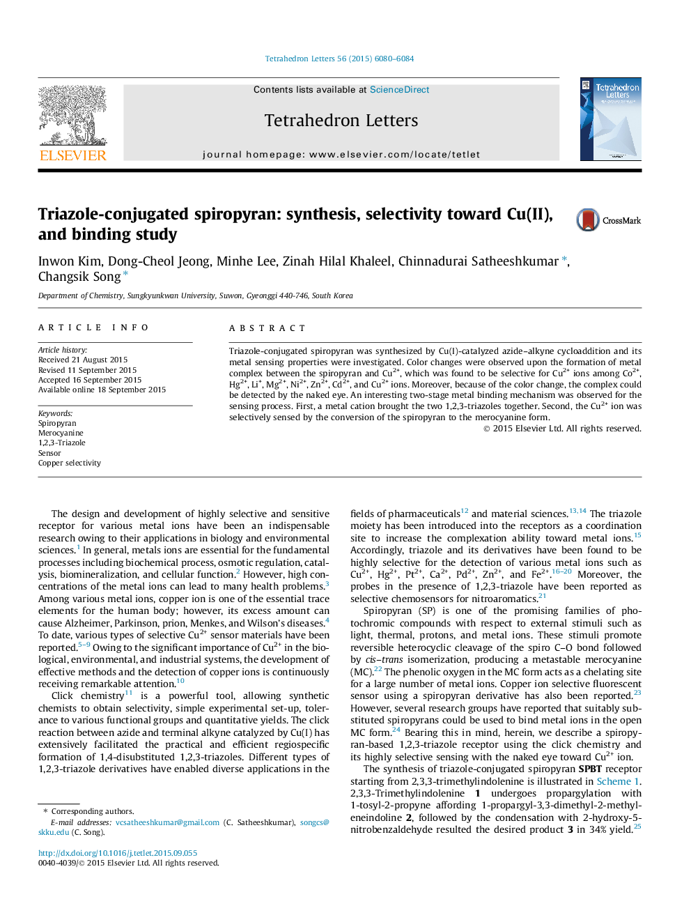 عکس صفحه اول مقاله: Triazole-conjugated spiropyran: synthesis, selectivity toward Cu(II), and binding study Triazole-conjugated spiropyran: synthesis, selectivity toward Cu(II), and binding study