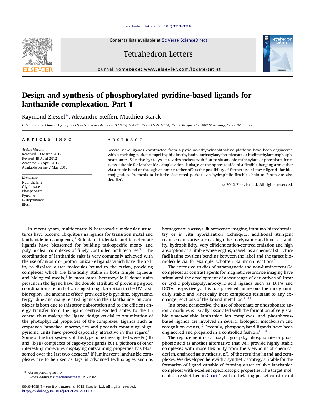 Design and synthesis of phosphorylated pyridine-based ligands for lanthanide complexation. Part 1