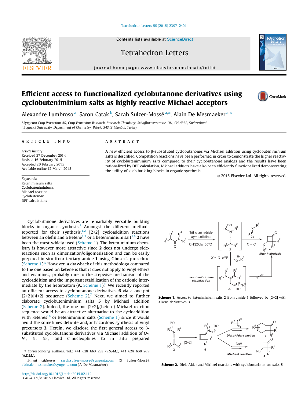 Efficient access to functionalized cyclobutanone derivatives using cyclobuteniminium salts as highly reactive Michael acceptors