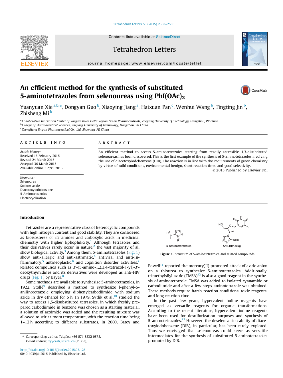 An efficient method for the synthesis of substituted 5-aminotetrazoles from selenoureas using PhI(OAc)2