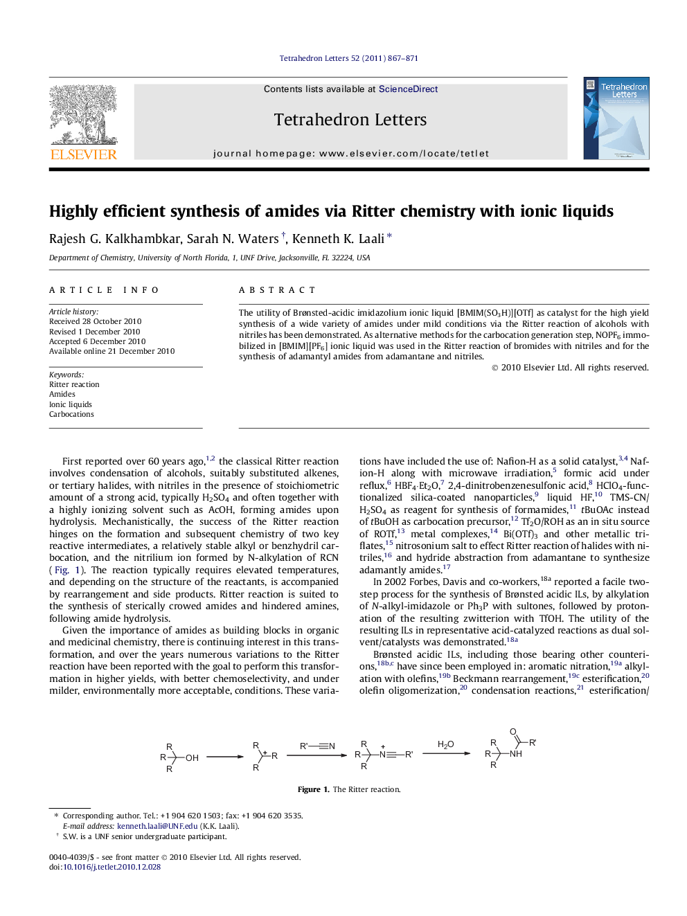 Highly efficient synthesis of amides via Ritter chemistry with ionic liquids