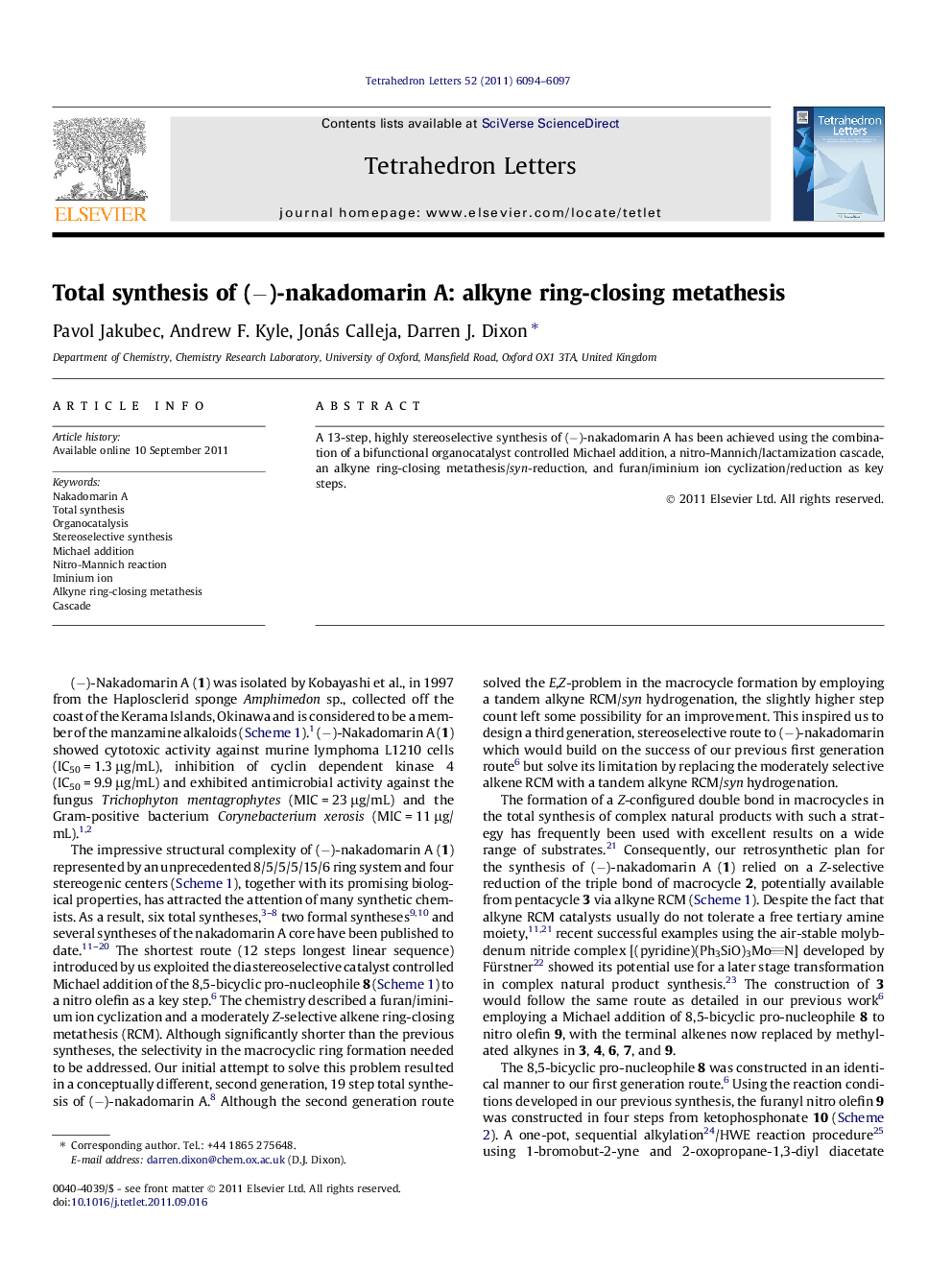 Total synthesis of (â)-nakadomarin A: alkyne ring-closing metathesis