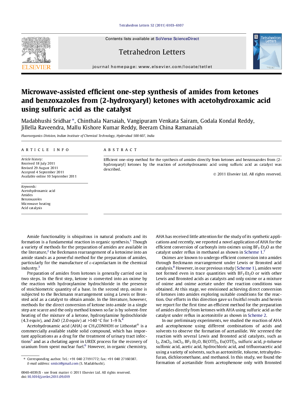 Microwave-assisted efficient one-step synthesis of amides from ketones and benzoxazoles from (2-hydroxyaryl) ketones with acetohydroxamic acid using sulfuric acid as the catalyst