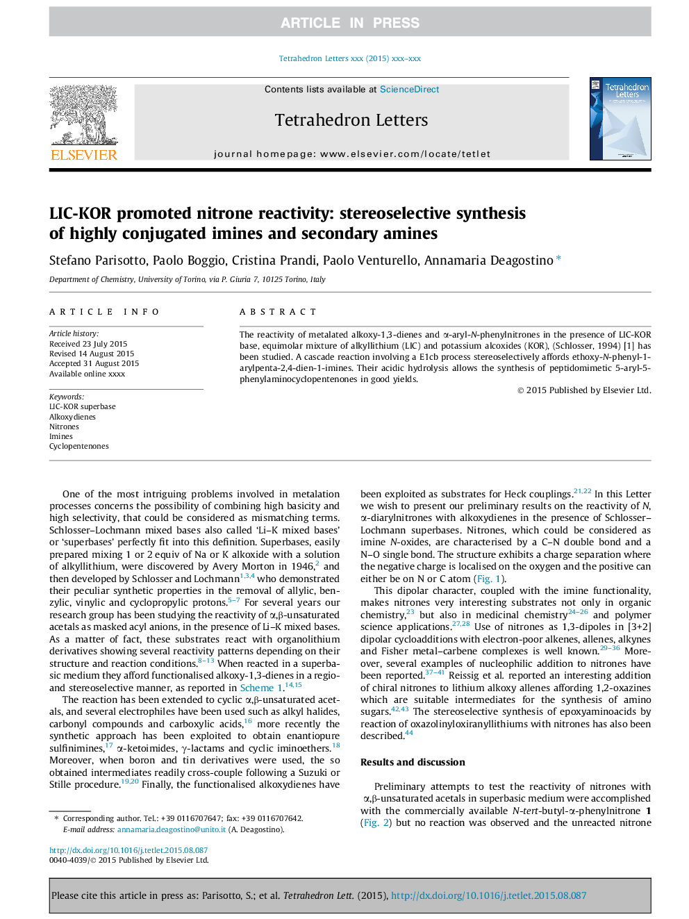 LIC-KOR promoted nitrone reactivity: stereoselective synthesis of highly conjugated imines and secondary amines