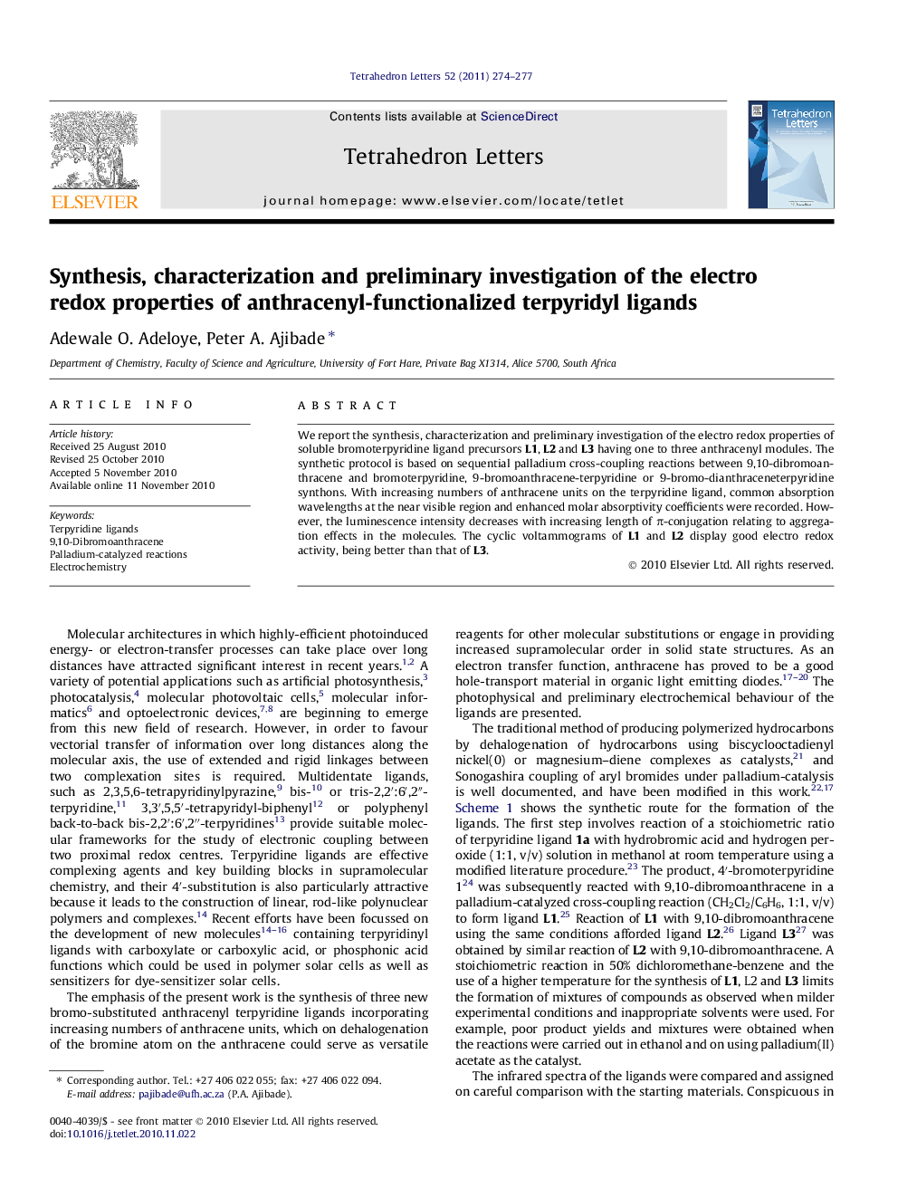 Synthesis, characterization and preliminary investigation of the electro redox properties of anthracenyl-functionalized terpyridyl ligands