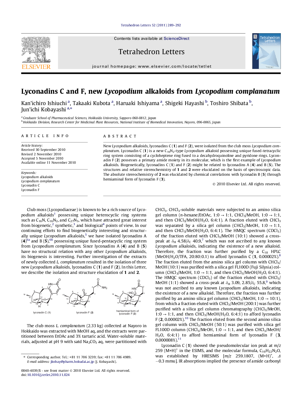 Lyconadins C and F, new Lycopodium alkaloids from Lycopodium complanatum