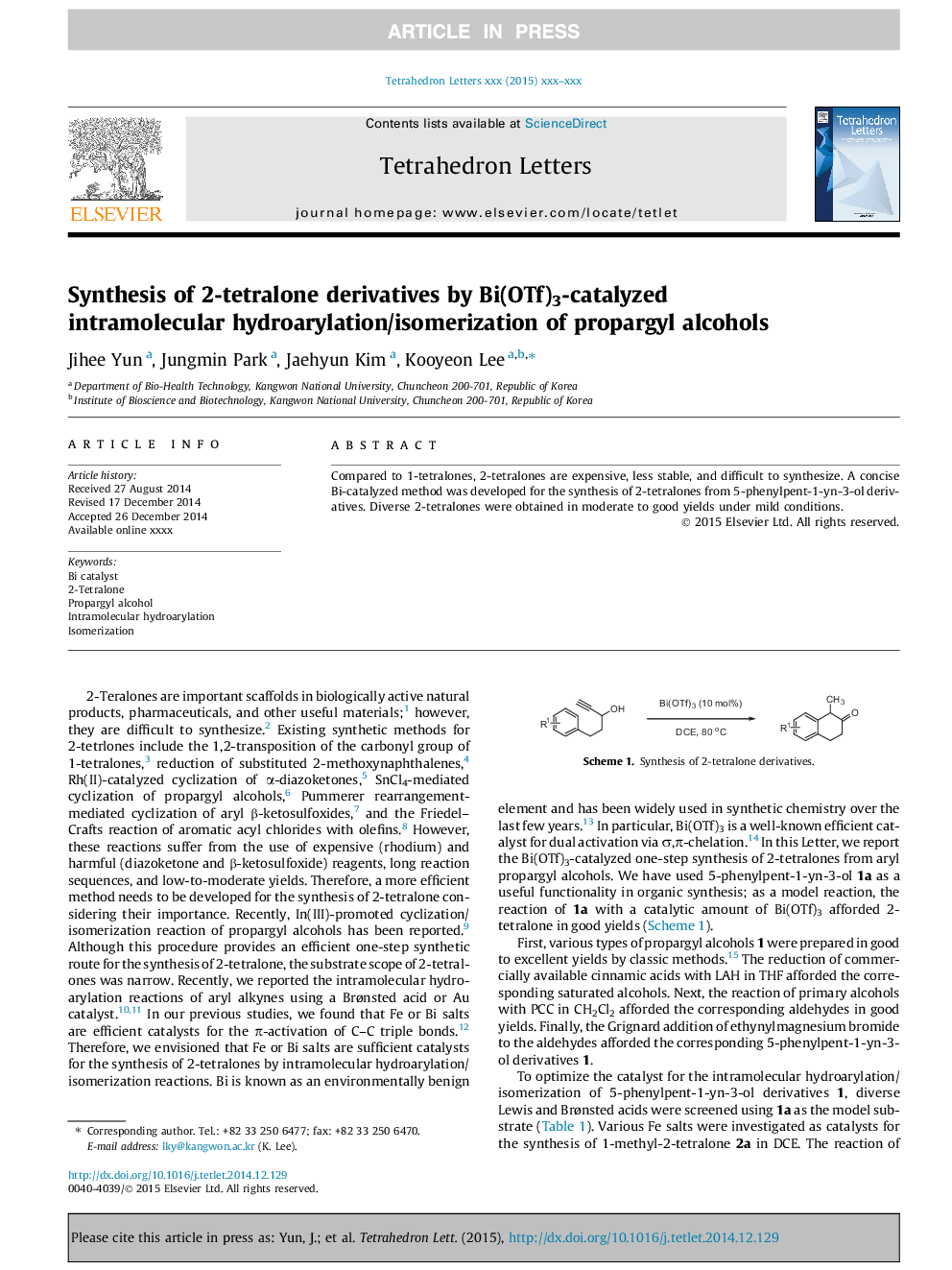 Synthesis of 2-tetralone derivatives by Bi(OTf)3-catalyzed intramolecular hydroarylation/isomerization of propargyl alcohols