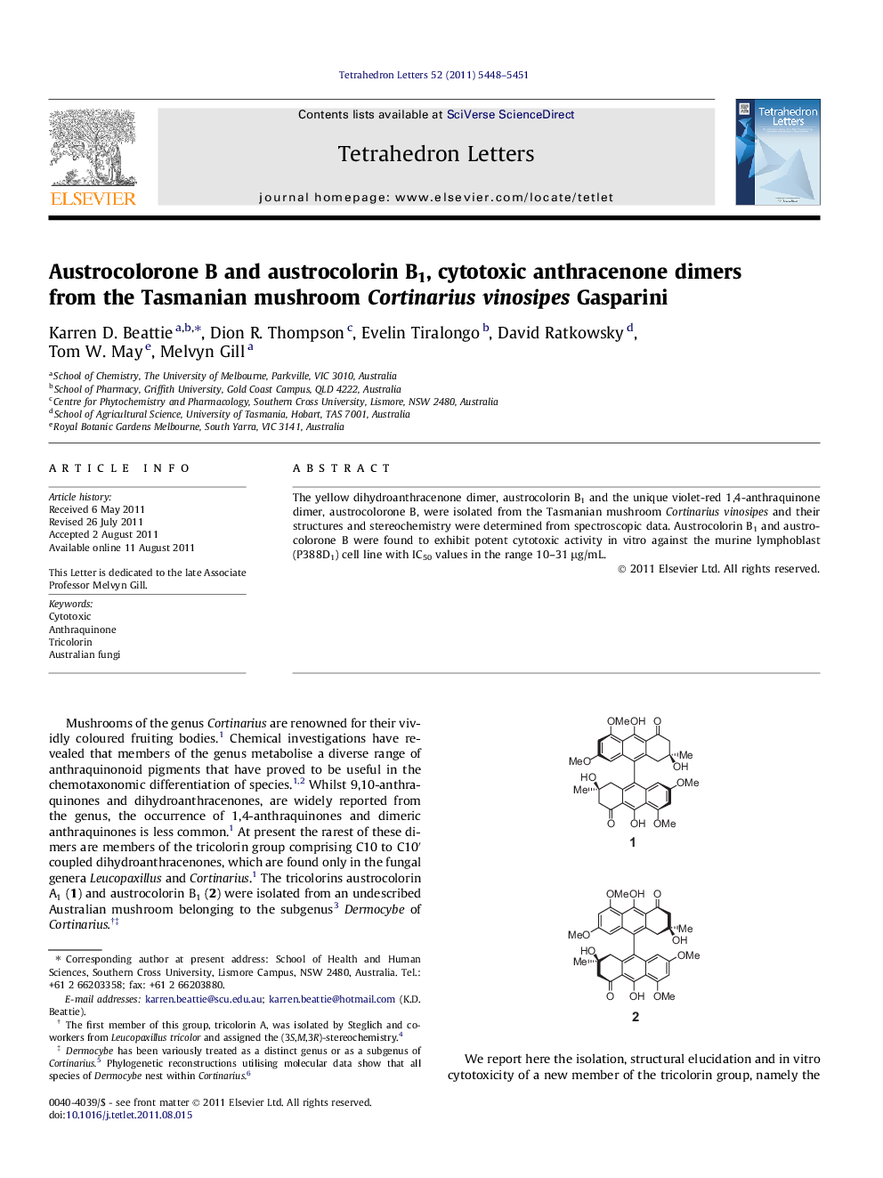 Austrocolorone B and austrocolorin B1, cytotoxic anthracenone dimers from the Tasmanian mushroom Cortinarius vinosipes Gasparini