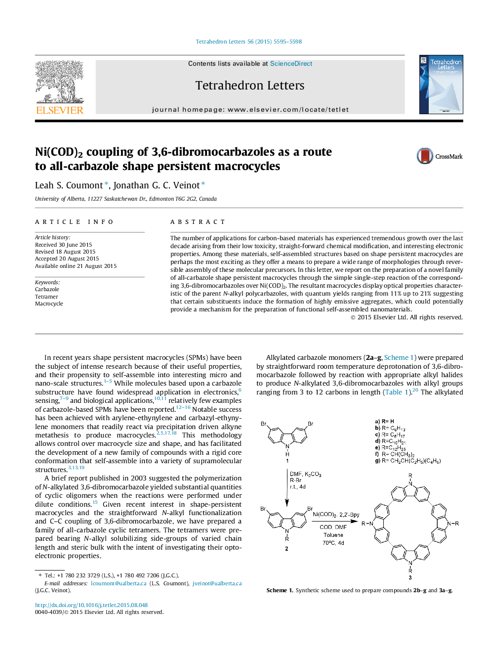 Ni(COD)2 coupling of 3,6-dibromocarbazoles as a route to all-carbazole shape persistent macrocycles